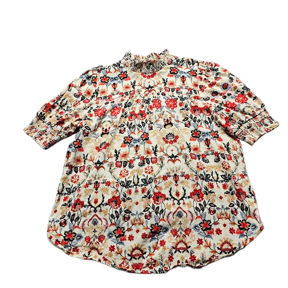 LOFT Blouse Top Womens‎ Medium Multi Floral Short Sleeve Smocked Mock Neck Boho